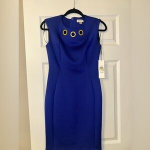 Calvin Klein Blue Midi Dress w/Gold Details NWT